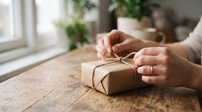 Close up of hands tying string around a brown paper gift box on wooden table with mailer box wrapping lifestyle preparing surprise birthday christmas