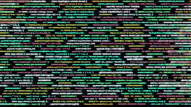 Computer programming code with scrolling software development errors flashing on dark monitor screen animation display showing complex technical data streams in motion for digital system backgrounds