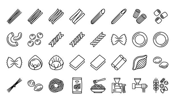 Pasta Varieties Assortment Production Thin Line Icon Set Editable Stroke Vector