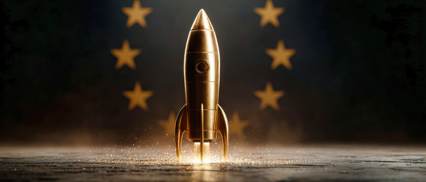 A sleek golden rocket rises dramatically, illuminated by firelight and surrounded by soft stars on a dark floor, showcasing artistic minimalism and detail