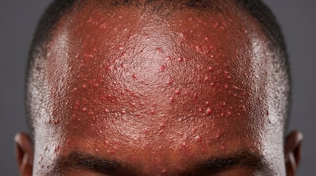 Macro shot of African American male forehead with severe acne vulgaris, folliculitis and red papules skin condition