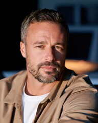 Obraz premium Close portrait of man with beard wearing beige jacket under warm lighting