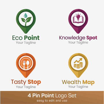 This versatile logo set features four distinct designs representing eco-friendliness, knowledge, tasty food, and wealth, suitable for diverse branding applications.