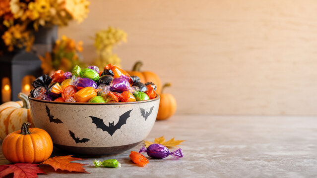 Halloween candy bowl with colorful sweets and pumpkins. Festive trick or treat snacks in a bat themed bowl. Autumn holiday party food on a stone table.