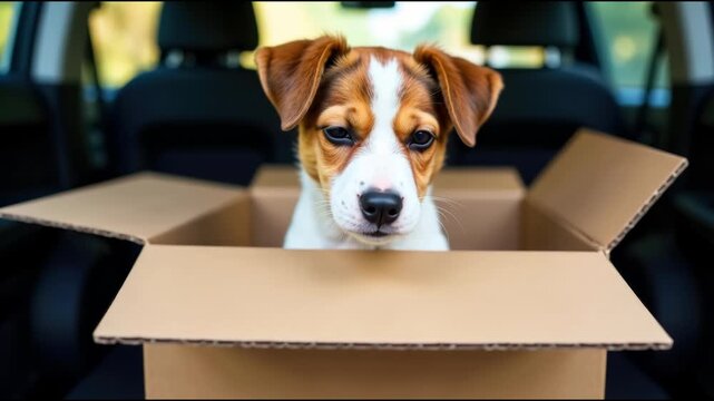 A brown and white dog sitting comfortably inside a cardboard box