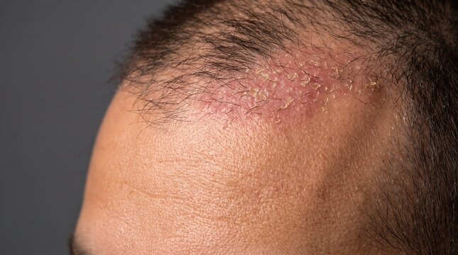 Close up of male hairline showing severe scalp psoriasis, red inflamed skin and flaking from seborrheic dermatitis