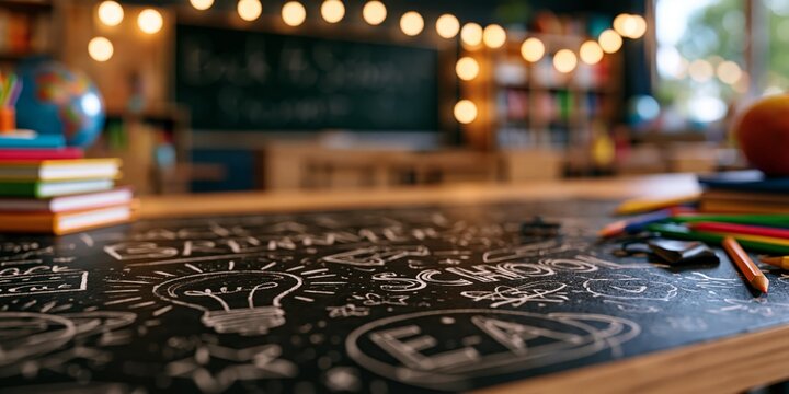 A cozy classroom desk covered in chalk drawings of lightbulbs, equations, and school themes, with colorful pencils, books, and warm string lights in the background.