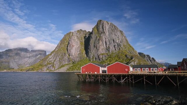 Red fishermens cabins on stilts below a granite dome, Hamnoy, Lofoten, Norway
