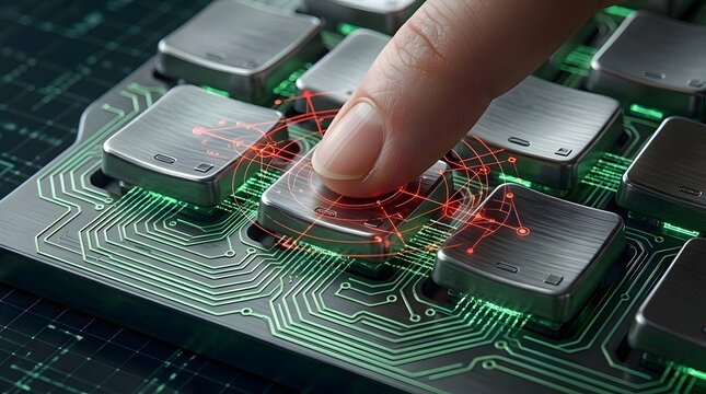 A close up view of a human finger pressing a metallic key on a high tech keyboard  illuminated by green circuit lines and red digital energy patterns