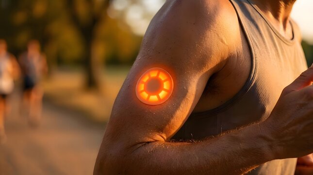 Close up of a person s upper arm featuring a glowing orange circular device  set against a softly blurred outdoor background with warm lighting