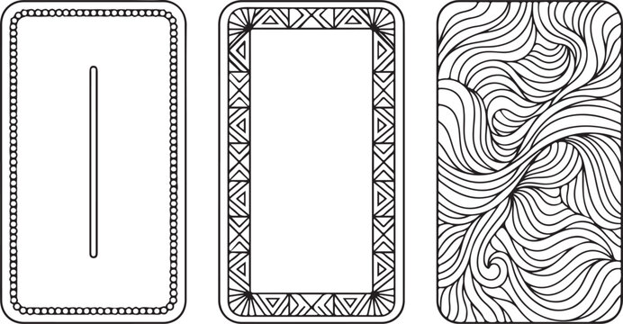 Mystical tarot card back designs, set of 3 decorative vector frames, occult celestial line art borders for divination and oracle cards
