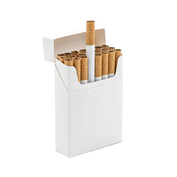 Open white pack of cigarettes with one cigarette standing upright above the others isolated on a transparent background