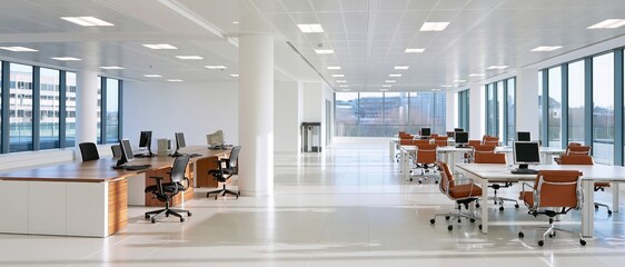 Naklejka premium Freshly cleaned modern office interior with wooden desks and ergonomic chairs under bright natural light