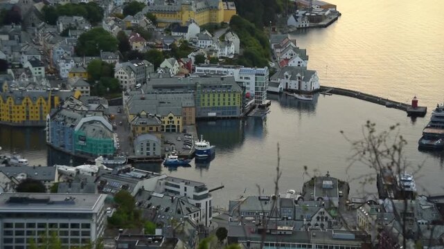 Art Nouveau waterfront and moored boats from Aksla, Alesund, More og Romsdal, Norway