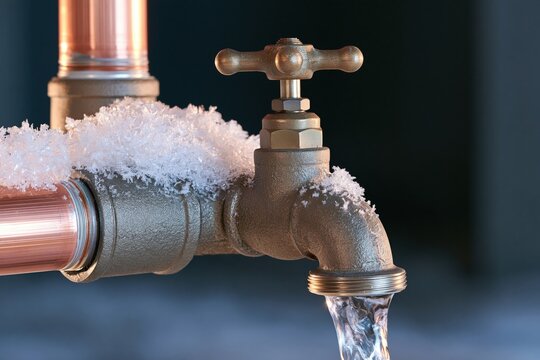 Frozen pipe with valve and flowing water in cold basement setting