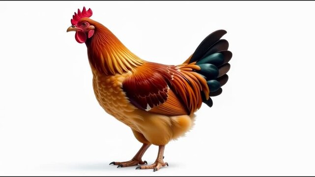 A rooster standing on a white surface, ready to crow