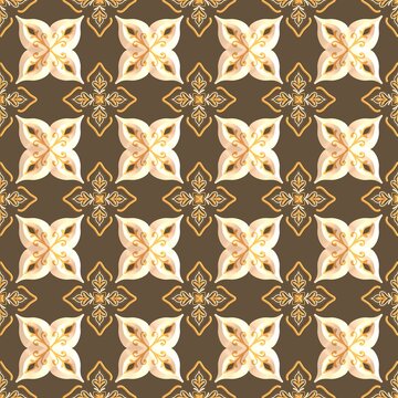 An ornate seamless floral pattern featuring cream and gold stylized four-petal motifs set against a rich brown background