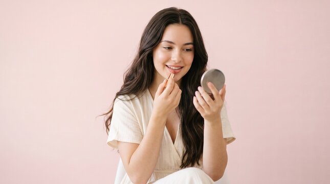 Young woman applying lip balm while looking in hand mirror soft pink background beauty skincare self care routine