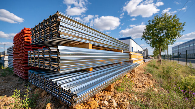 Outdoor roofing materials yard displaying neatly organized piles of corrugated steel sheets, standing seam metal panels, flat roofing sheets and insulated sandwich panels, different profiles and tex