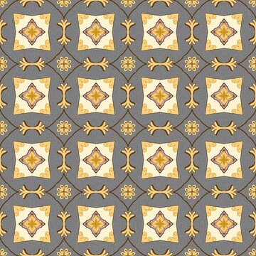 Elegant, seamless vintage tile pattern featuring ornate cream and gold geometric squares with subtle floral motifs, set against a muted grey background.