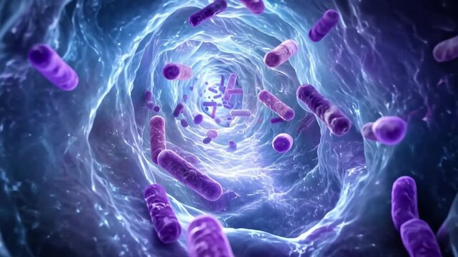 Close up of purple rod shaped bacteria flowing inside human gut tunnel for microbiome balance and digestive health probiotics advertising.