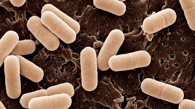 Close up scanning electron micrograph of rod shaped bacteria cells for medical antibiotic research and gut probiotics microbiome healthcare concept.