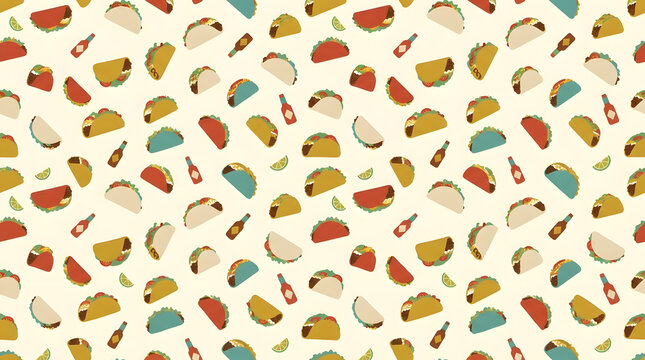 Mexican food seamless pattern with tacos and chili sauce.
