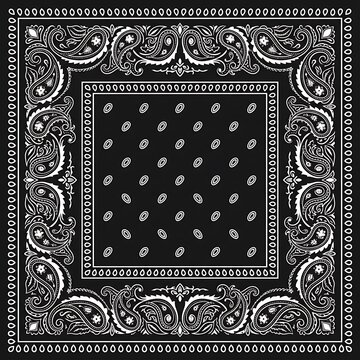 Black and white bandana with traditional paisley pattern and decorative borders