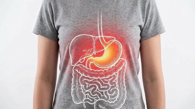 Woman with Glowing Red Digestive System Inflammation Overlay Stomach Discomfort Gut Issues Conversion Health Scene