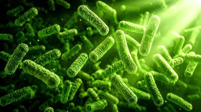 Green Rod-Shaped Bacteria Microscopic Dense Close-Up Probiotic Microbiome Gut Health Conversion Science Scene