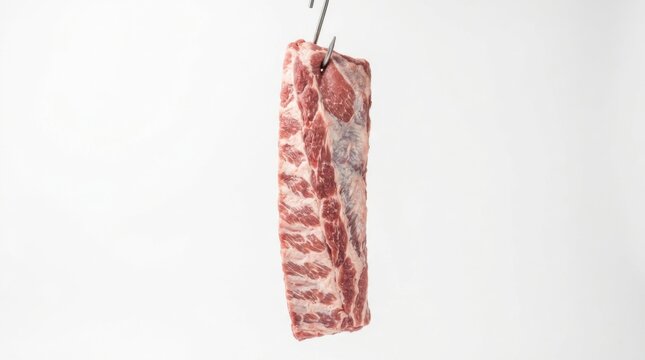 Raw pork ribs hanging on a metal hook