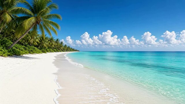 Tropical white sand beach with palms, clear blue sea and white clouds on the horizon loop.