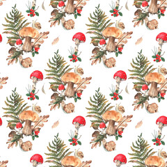 Naklejka premium Seamless autumn watercolor pattern. Bright compositions of forest plants, mushrooms, leaves, and animals. Hand-drawn. White background. Template for autumn design