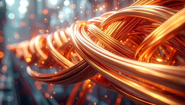 Copper wires intertwining forming glowing data connection