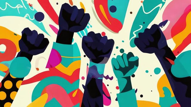 Illustrated raised fists in bold colors surrounded by graphic shapes, protest and activism concept, solidarity, equality and social change.