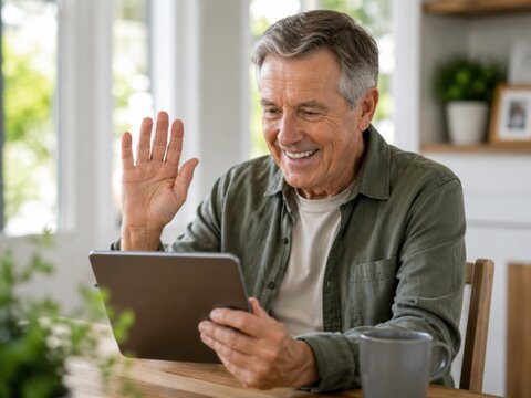L&auml;chelnder Senior winkt bei einem Videoanruf &uuml;ber sein Tablet. Digitale Kommunikation erm&ouml;glicht Kontakt zu Familie und Freunden und zeigt moderne Techniknutzung im Alter.