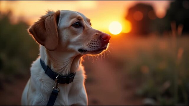A close-up shot of a dog with a beautiful sunset in the background