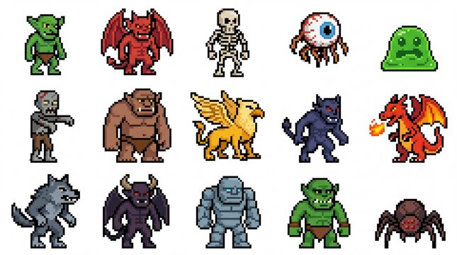 Monsters Set with Pixel Art Style, Featuring Various Fantasy Creatures Like Goblins, Dragons, Skeletons, and Mythical Beasts. Retro Gaming Design.
