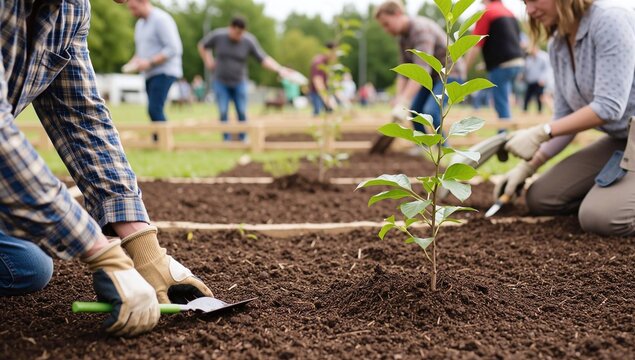 Group of diverse volunteers planting young tree sapling in soil for community gardening