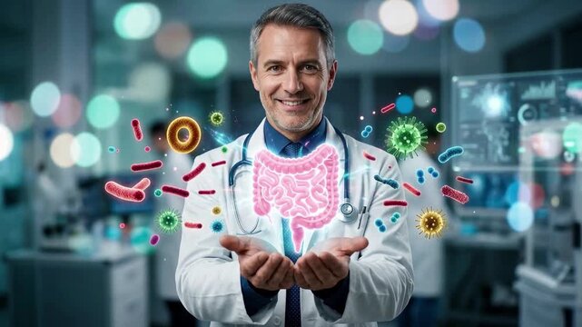 Smiling Doctor Holding Glowing Intestine Model with Colorful Microbes Gut Health Microbiome Probiotic Medical Conversion Scene