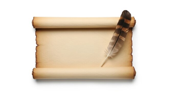 Blank ancient scroll with feather quill resting on edge