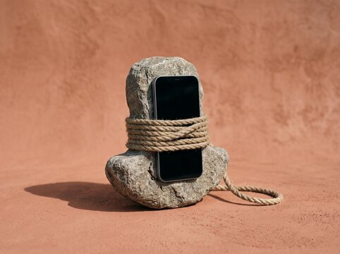 Smartphone tied to a stone symbolizing digital addiction and burden.