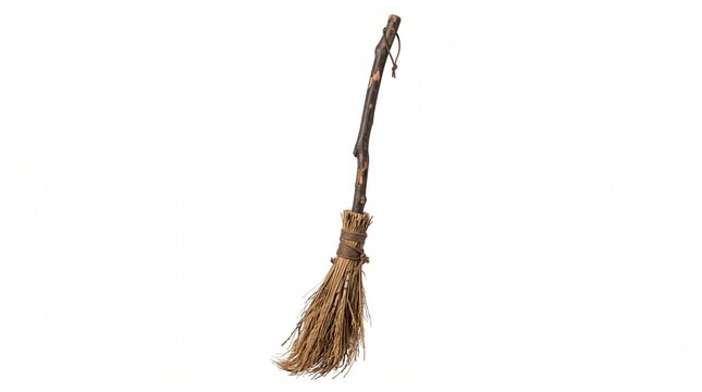 Old-fashioned rustic straw broom with a natural wooden handle, meticulously crafted and isolated on a white background, symbolizing both magic and traditional cleaning