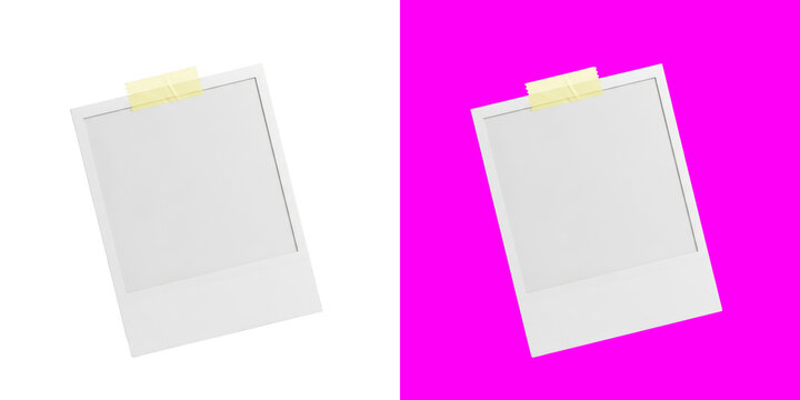 Blank instant photo frame mockups with adhesive tape on plain and colorful backgrounds transparent png