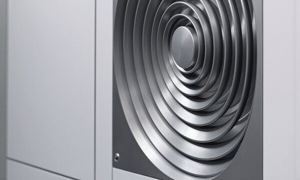 Ventilation grille metal circular rings of a modern industrial air system creating a clean architectural pattern in brushed steel