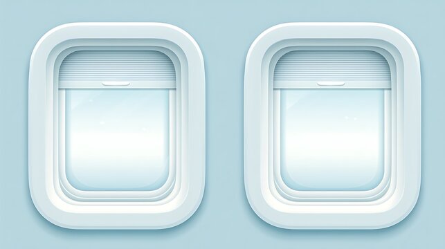 Two airplane windows with lowered shades against a clean blue background. Perfect for travel concepts and aviation industry design assets.