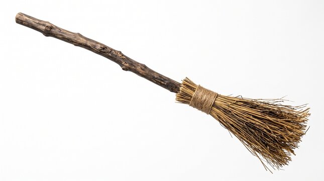 Rustic and whimsical, a handcrafted traditional broom with natural straw bristles and a wooden handle, evoking tales of old magic and simple chores