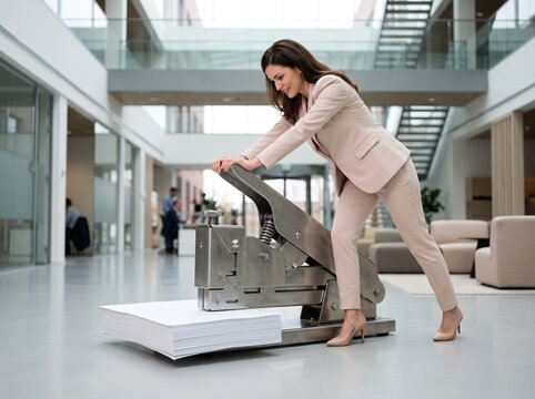 Giant stapler used by a businesswoman to bind heavy documents.