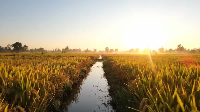 Golden Hour over Paddy Field: A tranquil irrigation channel meanders through a vast golden paddy field, illuminated by the radiant glow of a setting sun.