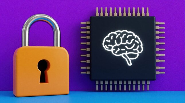 Orange padlock stands near dark computer chip with glowing white AI brain icon. Digital security concept shows cyber threat data breach risk. Artificial intelligence hardware lacks protection against